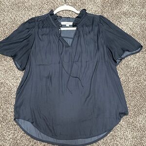 LOFT Navy Blouse with Ruffle Neckline